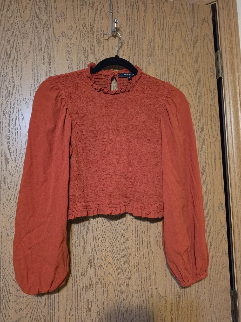 Olivaceous Brick Red Smocked Ruffle-Neck Blouse